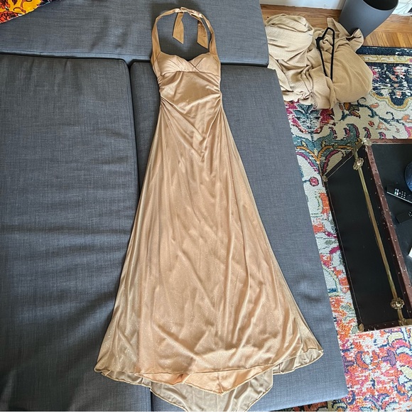 Gold Sparkle Glitter Shimmer Floor Length Gown Dress w. Halter, Lace-Up Back - Picture 7 of 12